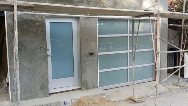 Contemporary Aluminum & White Laminate (Privacy) Glass Garage Door