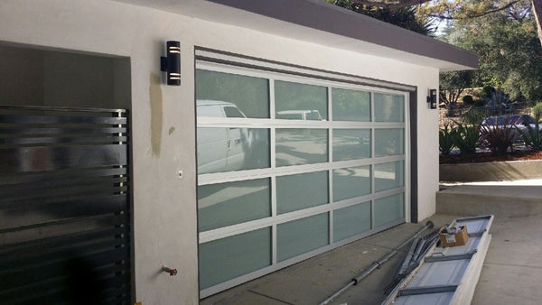 Contemporary Aluminum & White Laminate (Privacy) Glass Garage Door