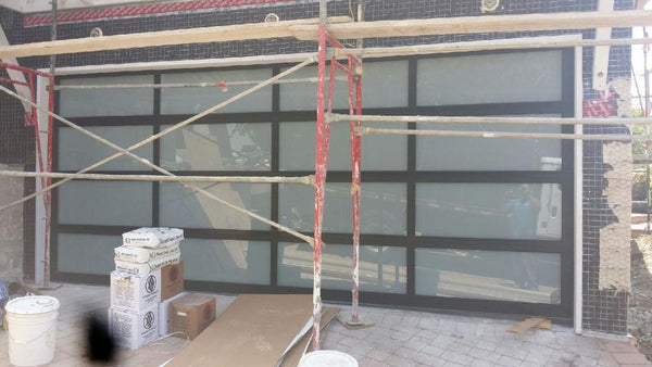 Contemporary Aluminum & White Laminate (Privacy) Glass Garage Door