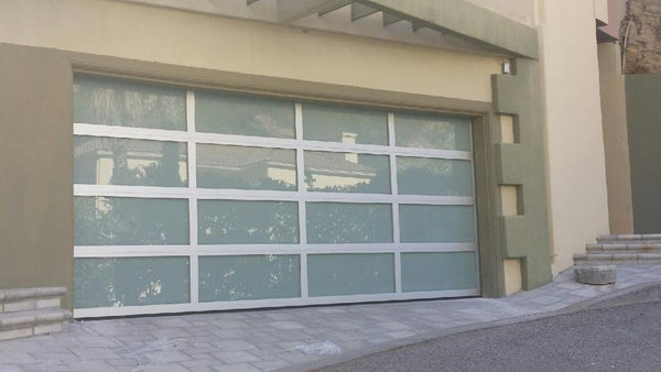 Contemporary Aluminum & White Laminate (Privacy) Glass Garage Door