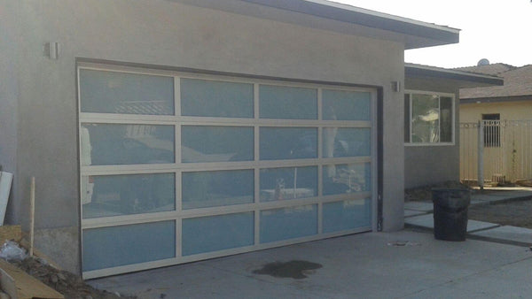 Contemporary Aluminum & White Laminate (Privacy) Glass Garage Door