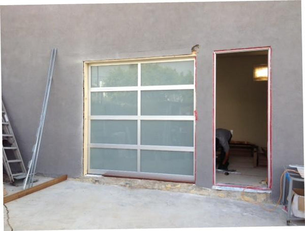 Contemporary Aluminum & White Laminate (Privacy) Glass Garage Door